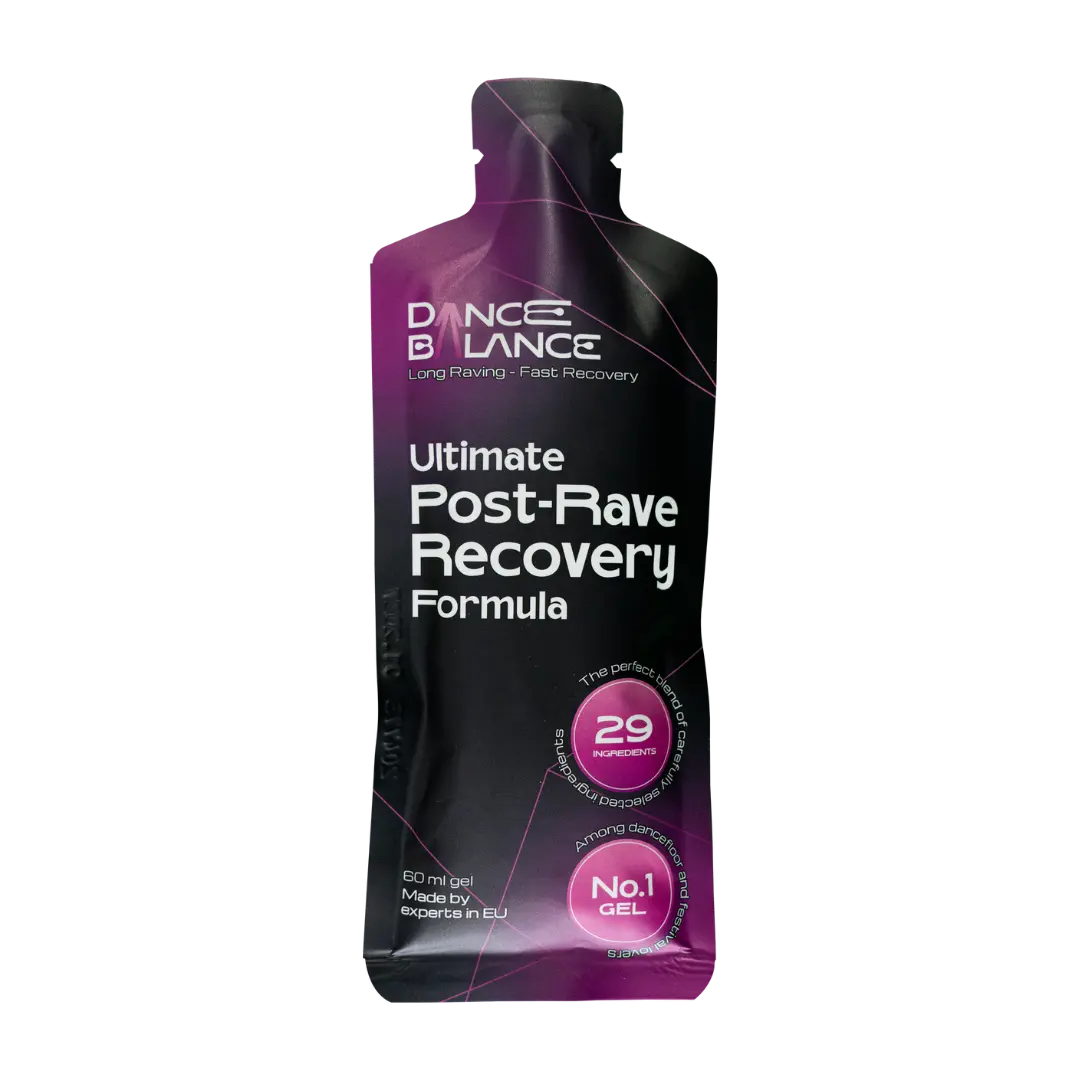 Post-Peak Dance Balance Recovery Gel, gelio pakuotė, skirtas raumenų atsigavimui ir po treniruotės.