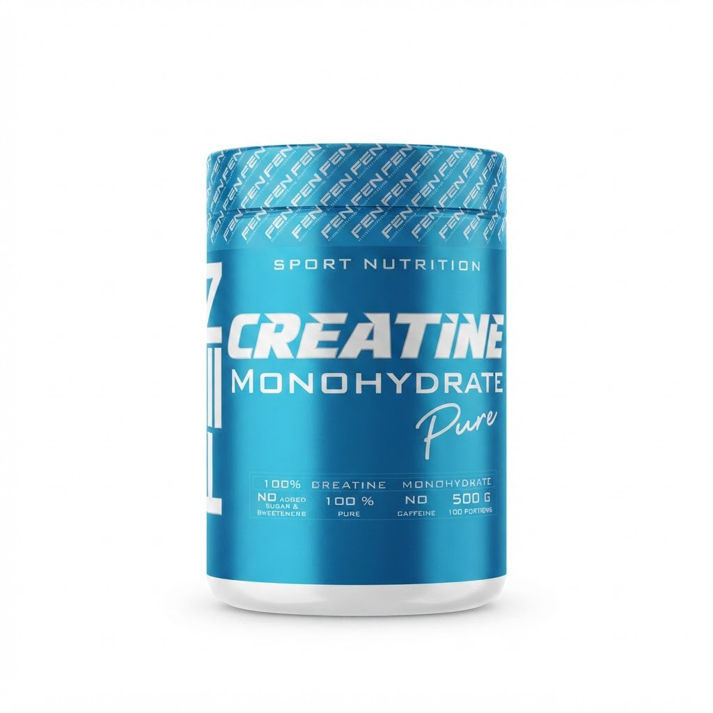 FEN Sport Nutrition Kreatinas Monohidratas Nano Banana, baltas jaras su geltonu dangteliu, sporto papildas, kreatino milteliai.