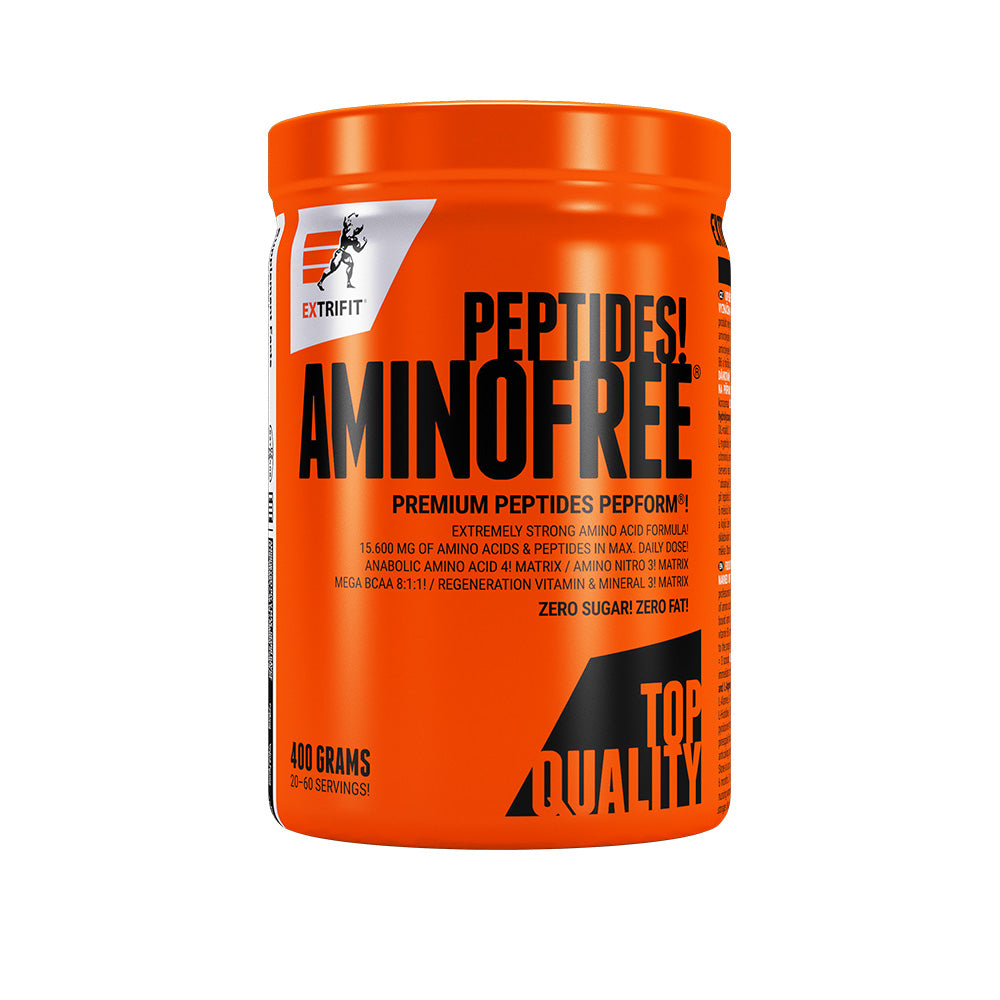 Extrifit AMINO FREE® PEPTIDES, 400g container of amino acids supplement with clear label and scoop for sport nutrition.