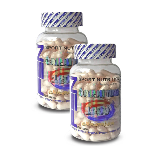 FEN L-Carnitine 1200 capsules in a pack of two, showcasing the product's packaging and label design.