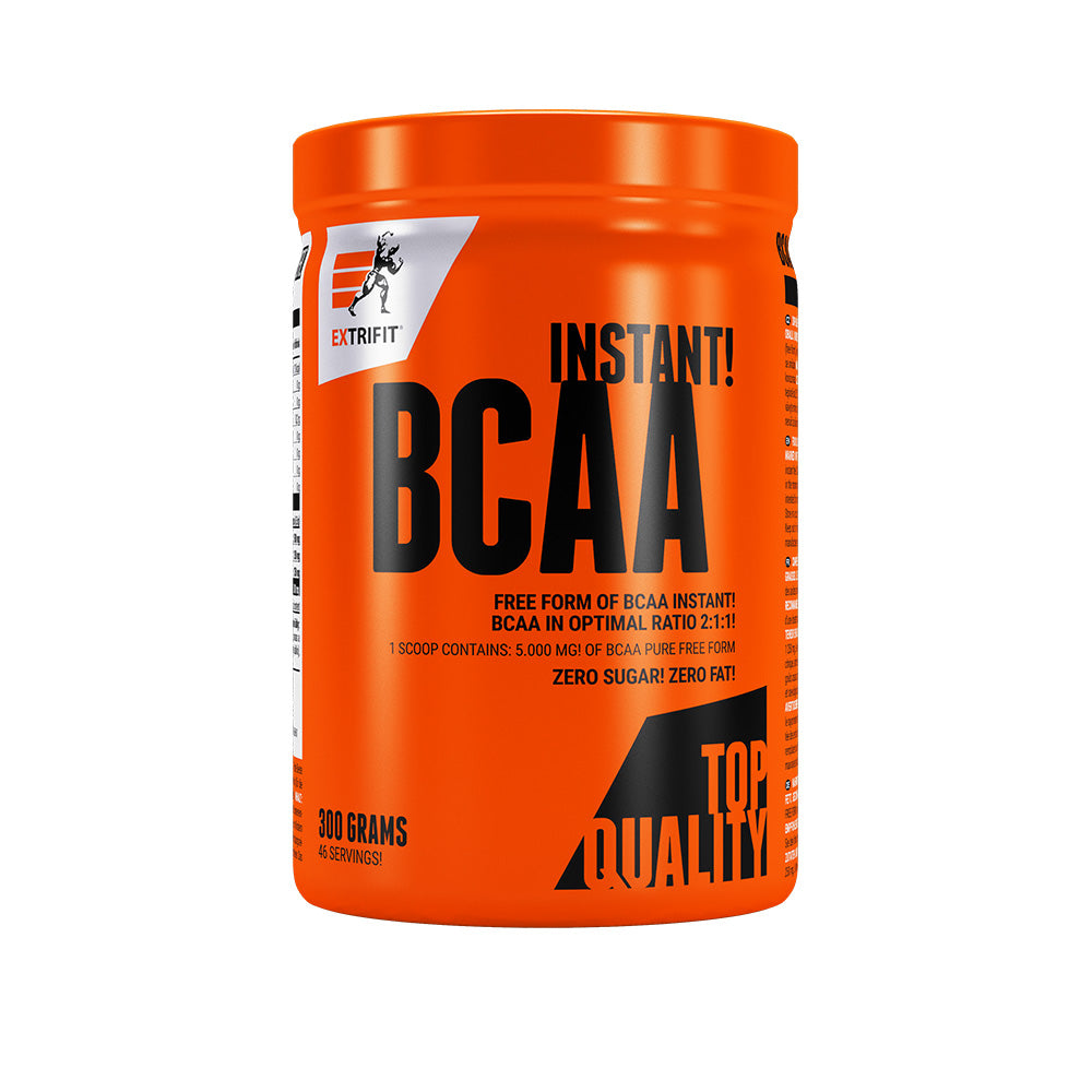 Extrifit BCAA INSTANT 2:1:1 amino acids supplement in a clear container, showcasing the powdered BCAA product for sports nutrition.